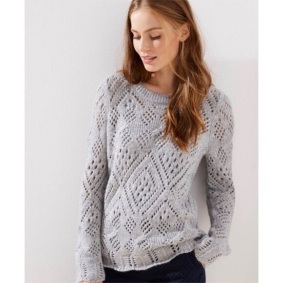 Loft Gray Pointelle Knit Gray Fuzzy Crewneck Sweater - Picture 1 of 8